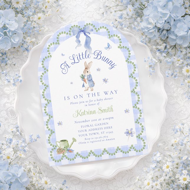Invitación Ducha de bebé con conejo de cuadros Blue Bunny (Subido por el creador)