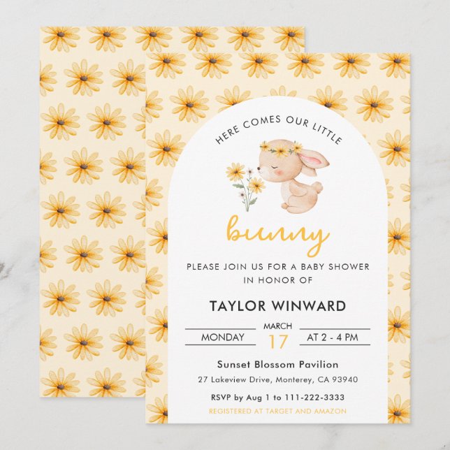 Invitación Ducha de bebé con conejo de primavera floral (Anverso / Reverso)