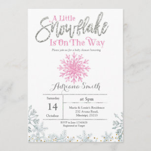 Invitación Ducha de bebé con copos de nieve de plata rosa