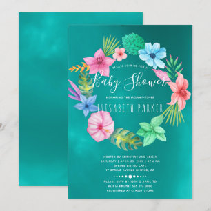 Invitación ducha de bebé con corona floral tropical de color 