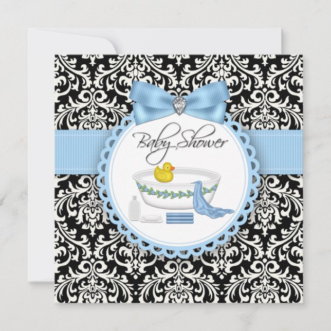 Invitación Ducha de bebé con damasco negro y azul (Anverso)