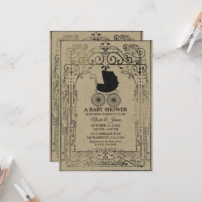 Invitación Ducha de Bebé con Decoración de Carruaje Antiguo a (Anverso/Reverso In Situ)