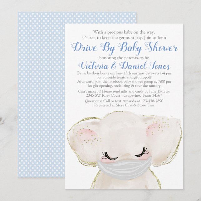 Invitación Ducha de bebé con elefante bebé con máscara en coc (Anverso / Reverso)