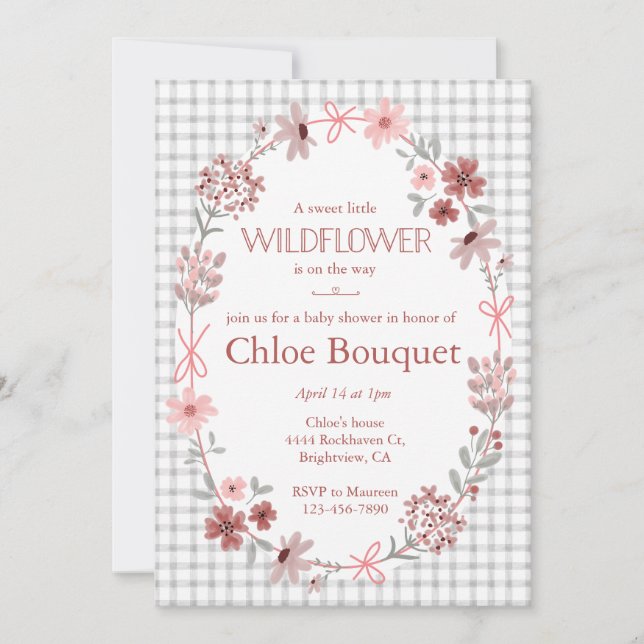 Invitación Ducha de bebé con estampado de gingham gris y flor (Anverso)