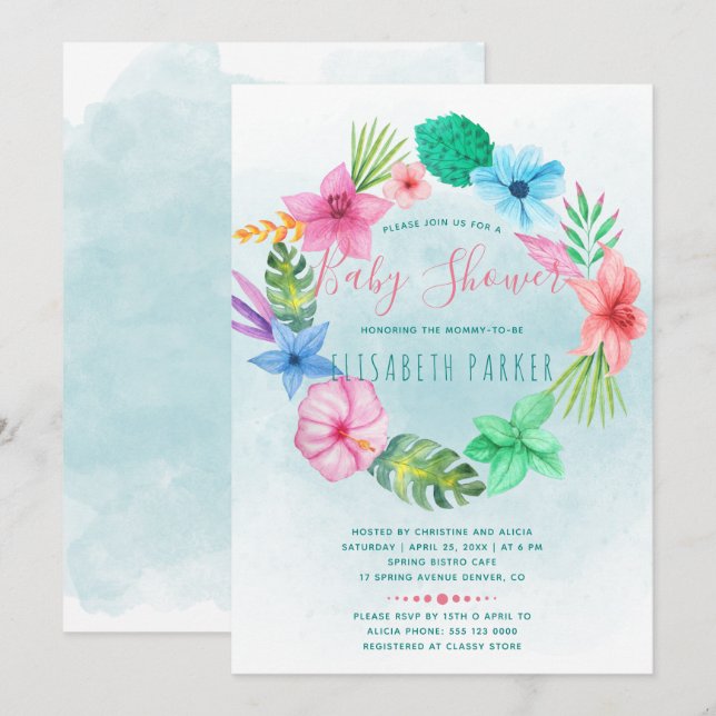 Invitación Ducha de bebé con flores azul tropical hawaiana (Anverso / Reverso)