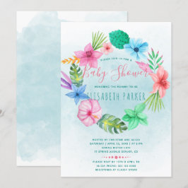 Invitación Ducha de bebé con flores azul tropical hawaiana