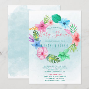 Invitación Ducha de bebé con flores azul tropical hawaiana