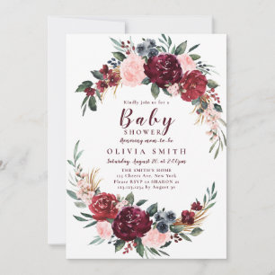 Invitación Ducha de bebé con flores de boho rústico de Borgoñ