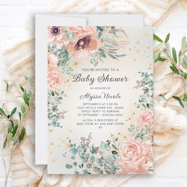 Invitación Ducha de Bebé con Flores Rosadas y Brillo Dorado (Subido por el creador)