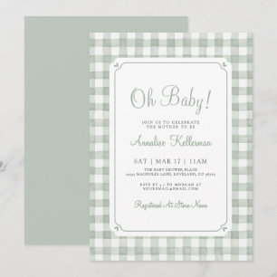 Invitación Ducha de bebé con gingham verde salvia