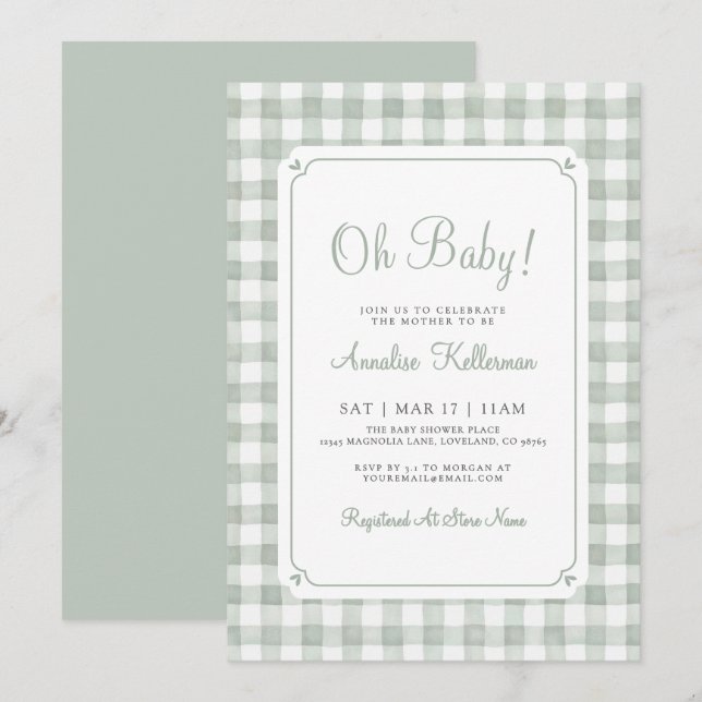 Invitación Ducha de bebé con gingham verde salvia (Anverso / Reverso)
