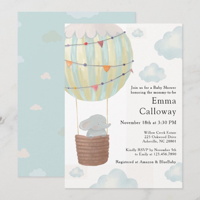 Invitación Ducha de Bebé con Globo Aerostático de Elefante Ad (Anverso / Reverso)