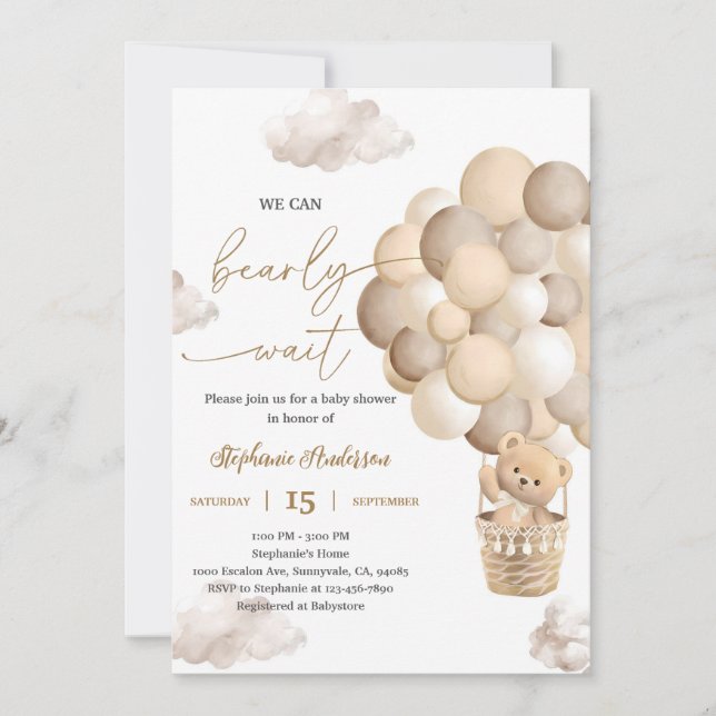 Invitación Ducha de bebé con globo de oso pardo (Anverso)