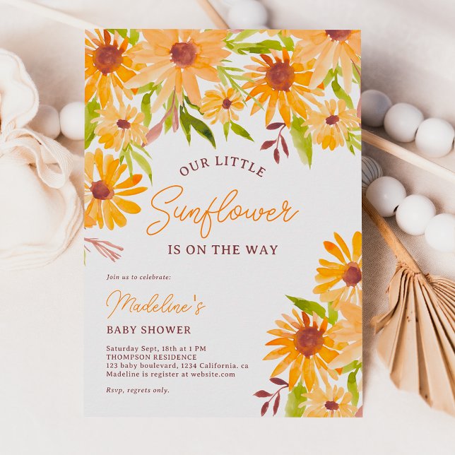 Invitación Ducha de bebé con guión de girasol de otoño modern (Modern fall sunflower script baby shower invitation)
