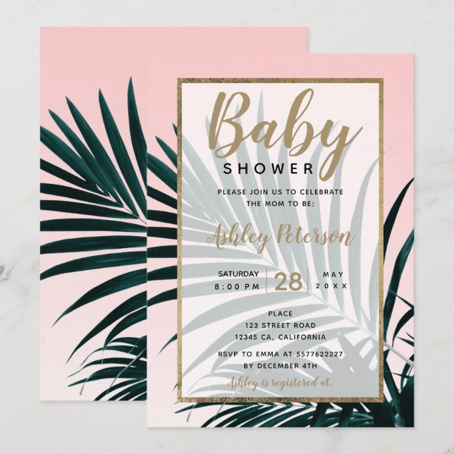 Invitación Ducha de bebé con hojas de palmera tropicales de o (Anverso / Reverso)