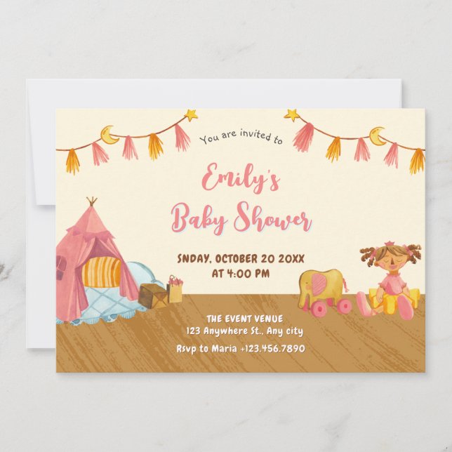 Invitación Ducha de bebé con juguetes de madera (Anverso)