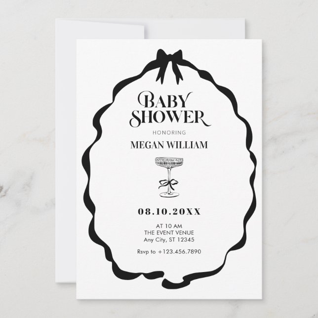 Invitación Ducha de bebé con lazo blanco y negro (Anverso)
