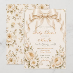 Invitación Ducha de Bebé con Lazo Coquette de Champagne Flora
