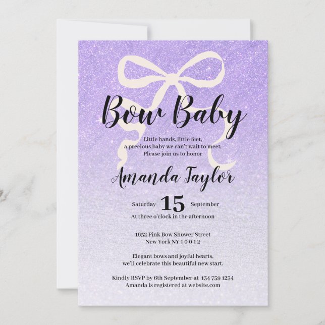 Invitación Ducha de bebé con lazo coquette gradiente de purpu (Anverso)