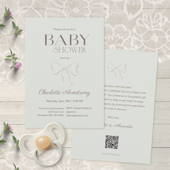 Invitación Ducha de Bebé con Lazo de Acuarela Verde Sage Prof (Deep Sage Green Watercolor Bow Baby Shower Invitation ©Susanne Sachers - Sunny Mind 🌞)