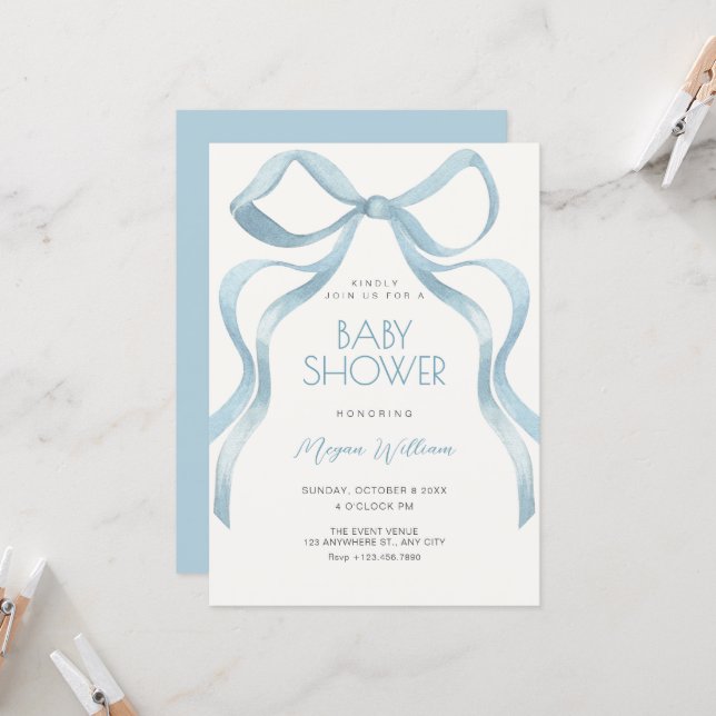 Invitación ducha de bebé con lazo de cinta azul (Anverso/Reverso In Situ)