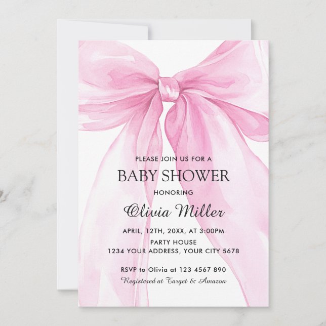 Invitación Ducha de bebé con lazo de cinta rosa (Anverso)