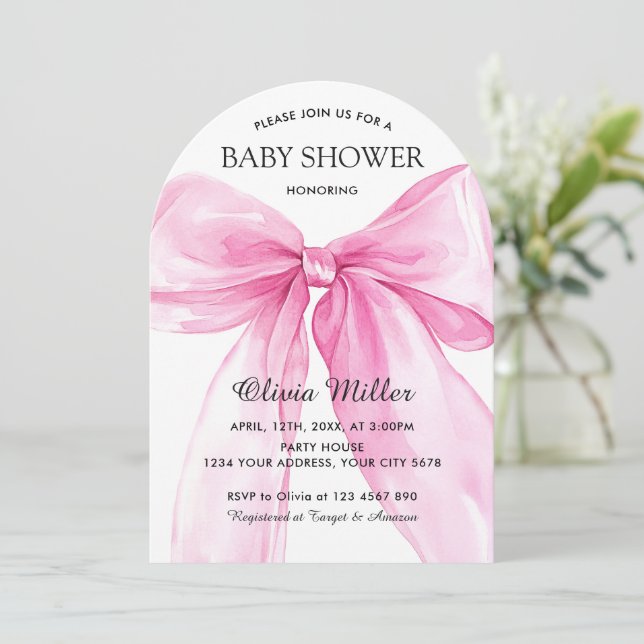 Invitación Ducha de bebé con lazo de cinta rosa (Anverso de pie)