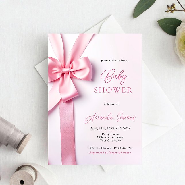 Invitación Ducha de bebé con lazo de cinta rosa (Subido por el creador)