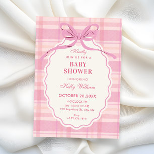 Invitación Ducha de bebé con lazo de cuadros rosado