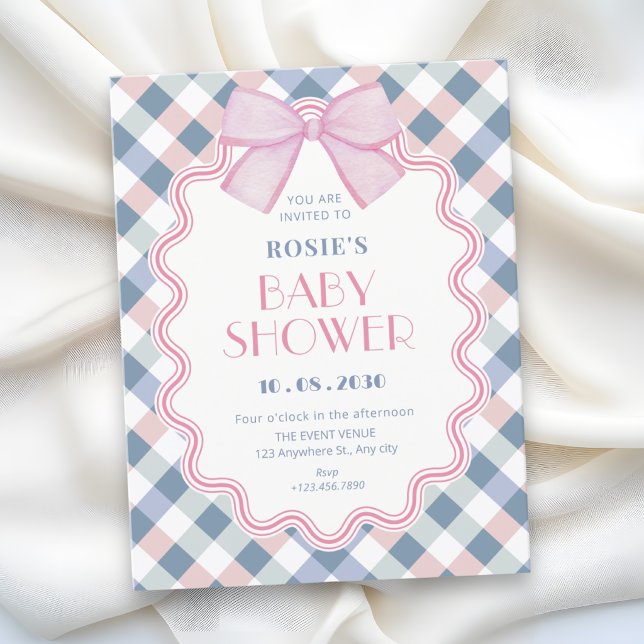 Invitación ducha de bebé con lazo de gingham (Subido por el creador)