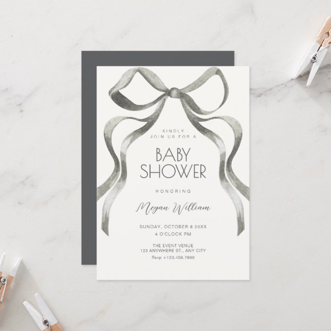 Invitación Ducha de bebé con lazo de moño (Anverso/Reverso In Situ)