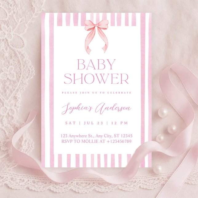 Invitación Ducha de Bebé con Lazo de Rayas Rosadas (Subido por el creador)