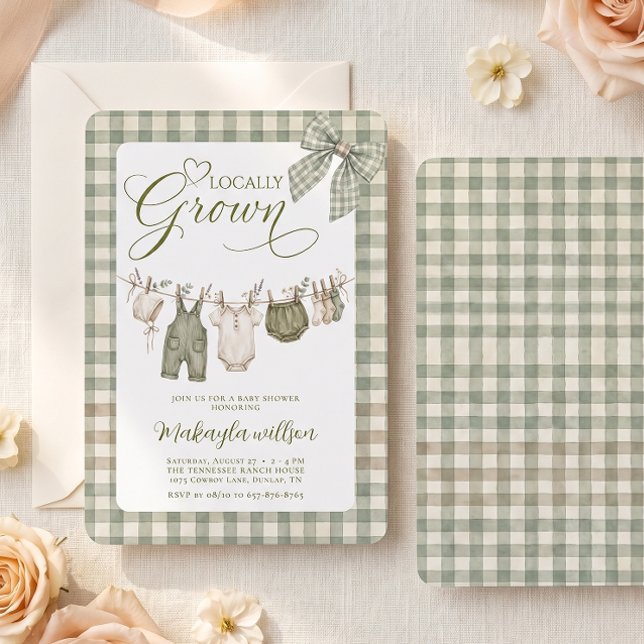 Invitación Ducha de bebé con lazo de ropa de gingham cultivad (Subido por el creador)