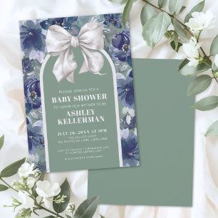 Invitación Ducha de Bebé con Lazo Floral Verde Salvia