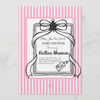 Invitación Ducha de Bebé con Lazo Rayado Rosa Lavanda