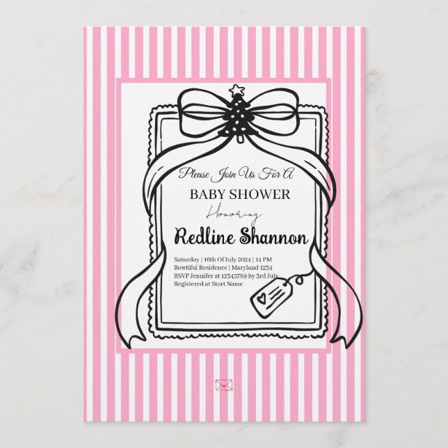 Invitación Ducha de Bebé con Lazo Rayado Rosa Lavanda (Anverso)