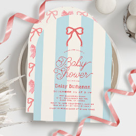 Invitación Ducha de bebé con lazo rojo y rayas azules