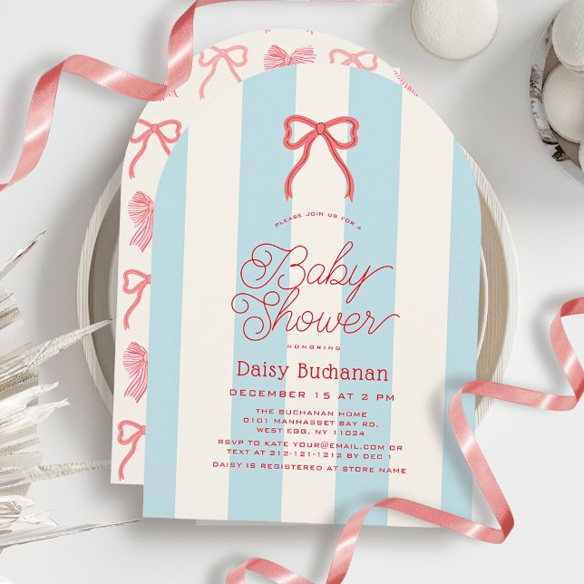 Invitación Ducha de bebé con lazo rojo y rayas azules (Subido por el creador)