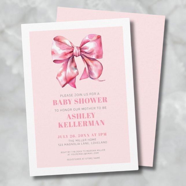 Invitación Ducha de Bebé con Lazo Rosa (Pink Bow Baby Shower Invitation)