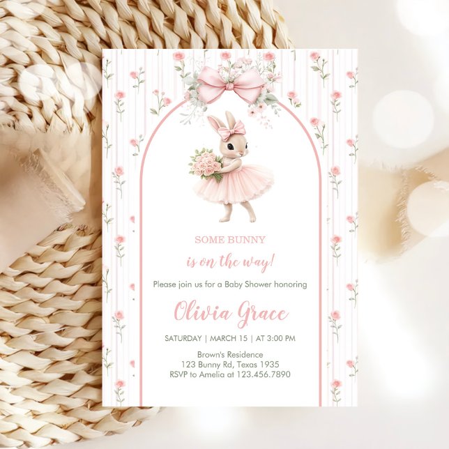 Invitación Ducha de Bebé con Lazo Rosa y Conejo Floral (Subido por el creador)