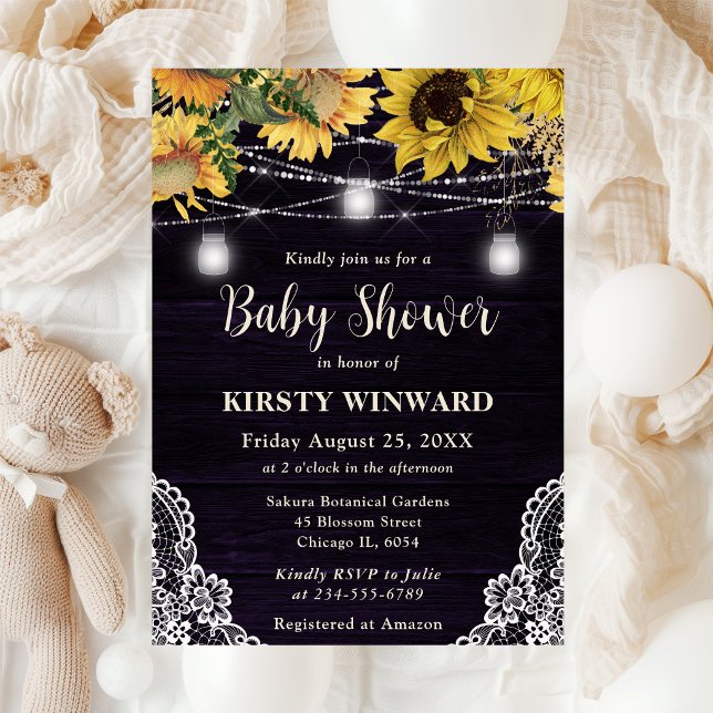 Invitación Ducha de bebé con Luces Rústicas de Girasoles y Ta (Subido por el creador)
