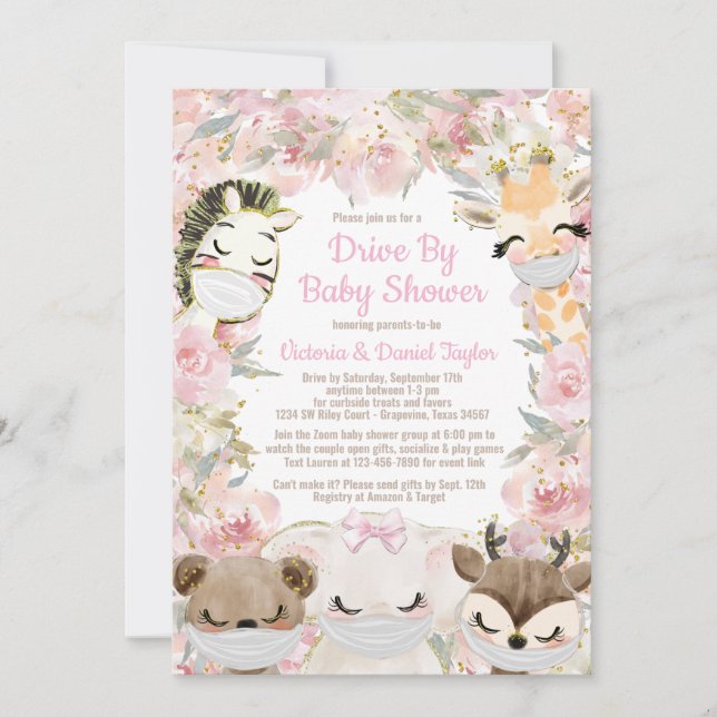Invitación Ducha de bebé con máscaras para niñas con animales (Anverso)