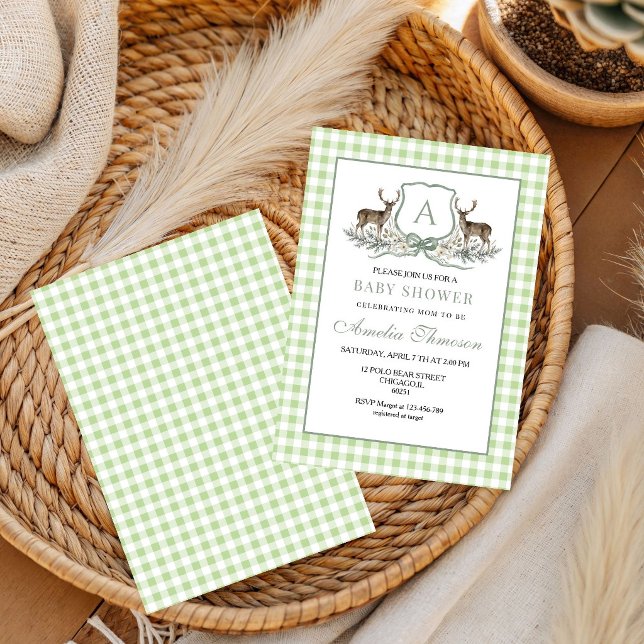 Invitación Ducha de bebé con monograma de ciervo Crest de caz (Subido por el creador)
