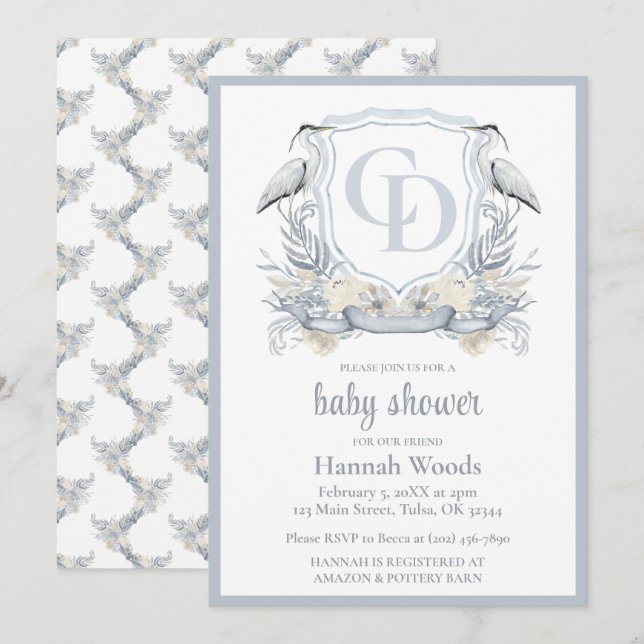 Invitación Ducha de bebé con monograma intercalado de garza (Anverso / Reverso)