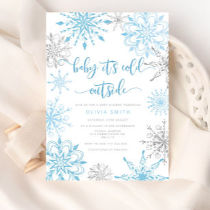 Invitación Ducha de bebé con nevadas de plata azul
