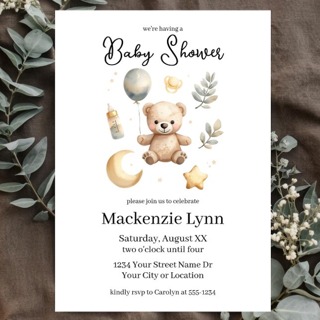 Invitación Ducha de bebé con osito de peluche celestial acuar (Subido por el creador)