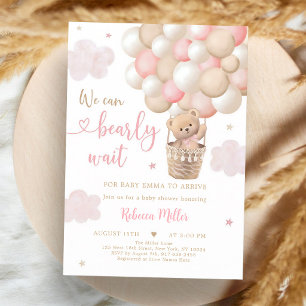 Invitación Ducha de Bebé con Oso de Peluche Rosa y Globo