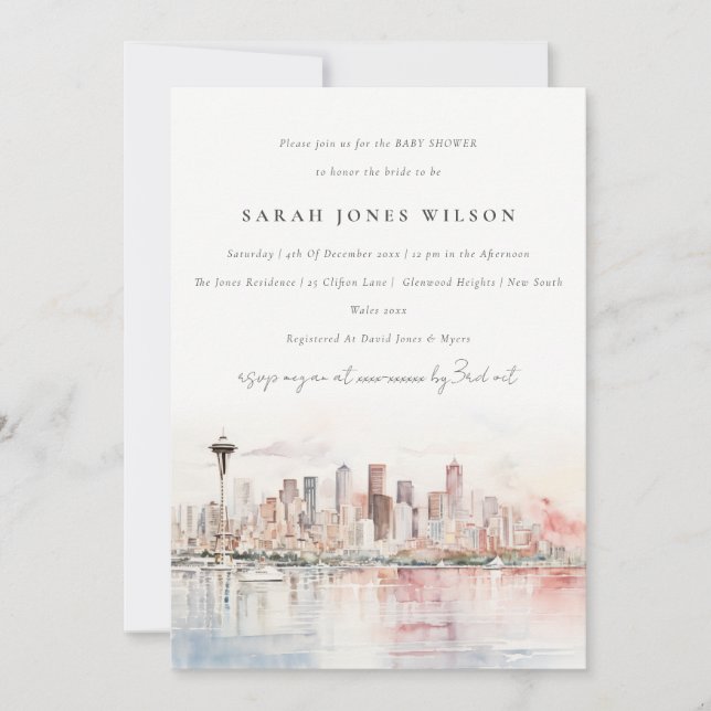 Invitación Ducha de bebé con paisaje al acuarela de Seattle W (Anverso)