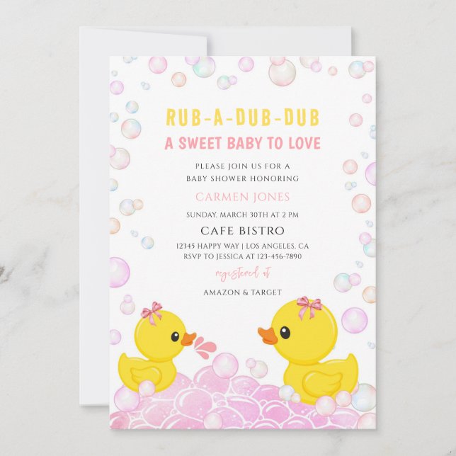 Invitación Ducha de bebé con pato de goma rosa (Anverso)