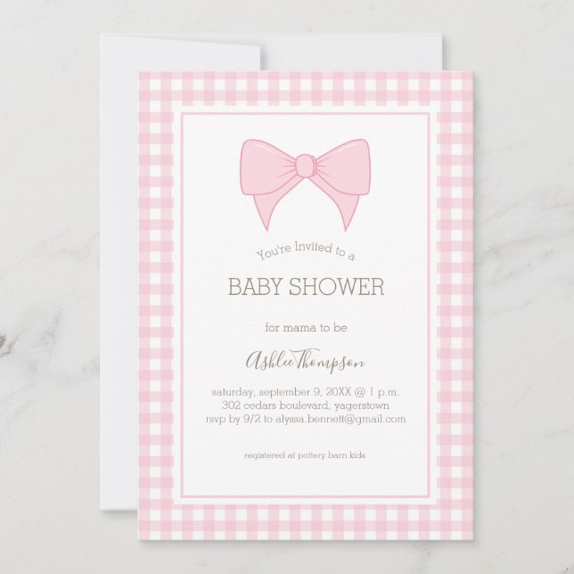 Invitación Ducha de Bebé con Patrón de Cuadros Rosas y Blanco (Anverso)